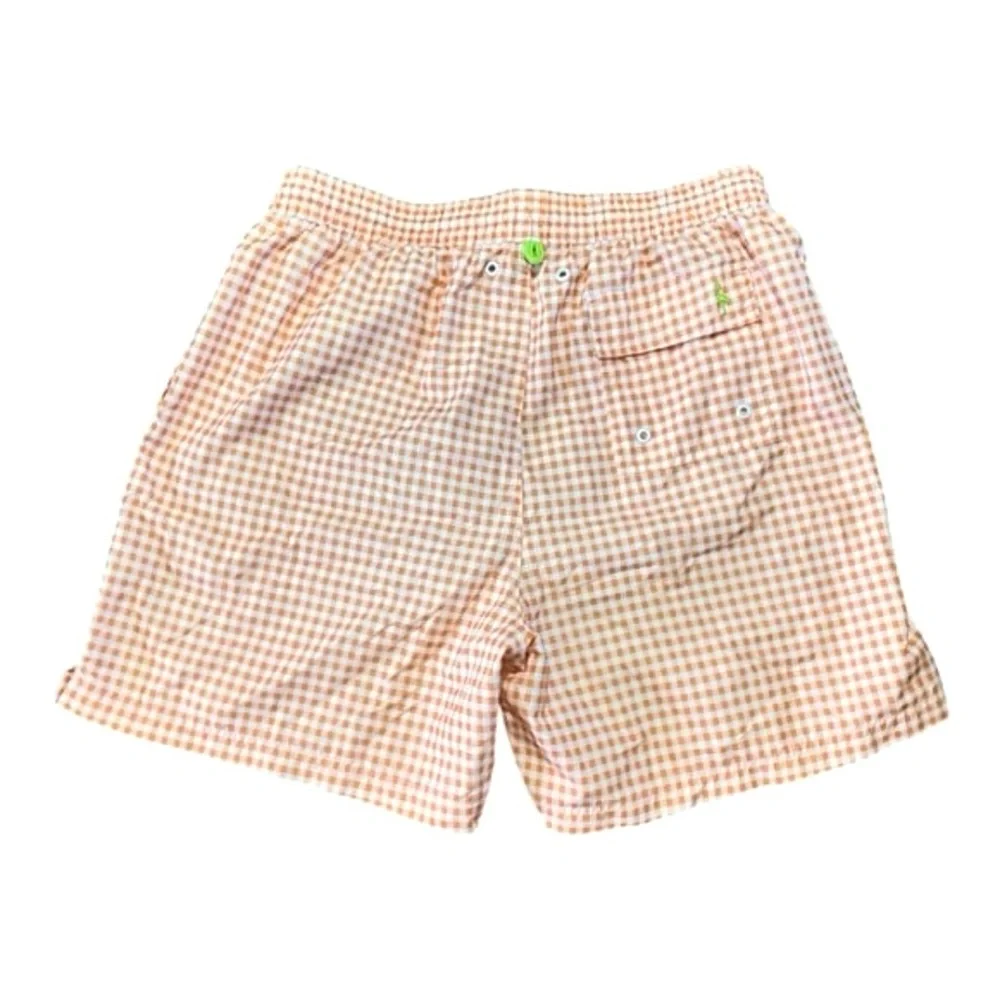 TailorByrd Mens Swim Trunks Large Orange White Gingham 6” Inseam Lined Pockets